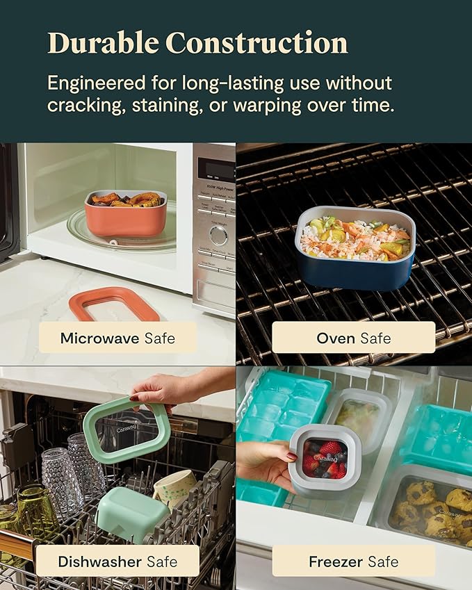 Caraway 2pc Glass Food Storage Set - 1.75 Cup Food Containers (2) - Non-Toxic Ceramic-Coated Glass - Air Release Technology - Compact & Stackable Design - Cream