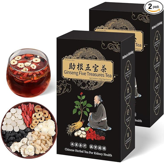 Ginseng Five Treasures Kidney Tea - Chinese Six Treasure Organic Cleanse Detox for Women and Men's Health - 7 Precious Ingredients Formula (30 Bags/2 Boxes)