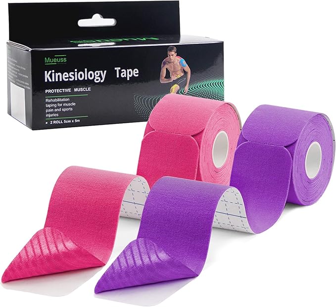 MUEUSS Pregnancy Belly Tape Support,Kinesiology Tape Elastic Cotton Athletic Tape Precut Strips,Waterproof Tape for Muscles,Knees,Shoulders Plantar Fasciitis Pain Relief (2rolls Pink&Purple)