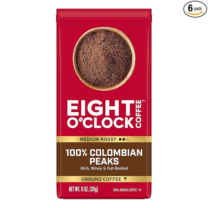 Eight O'Clock Coffee 100% Colombian Peaks Ground Coffee, Medium Roast, 11 Ounce (Pack of 6) - Rich, Winey & Full Bodied