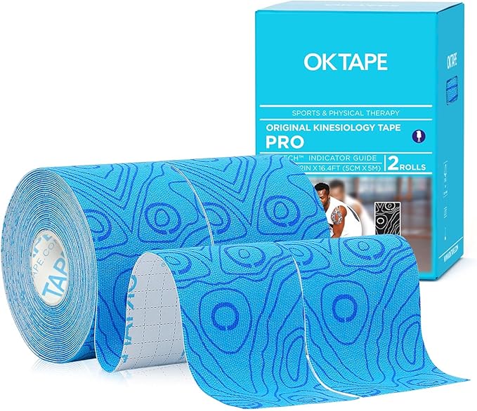 OK TAPE PRO Kinesiology Tape Uncut Roll, Elastic Physical Therapy Athletic Tape for Pain Relief, Muscle Support, Kinetic Tape, Water Resistant, 2in X 16.4ft -Blue 2 Rolls
