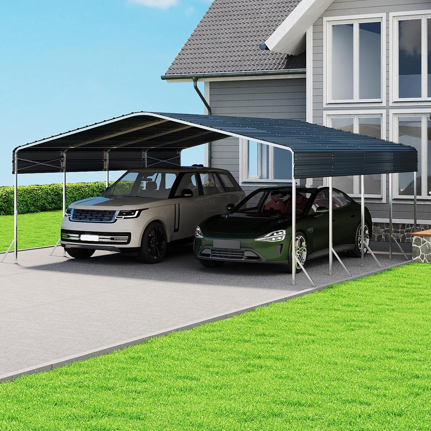 20x20' Heavy Duty Metal Carport – Sturdy Structure, All-Weather Protection, Easy Assembly for Cars, Trucks, Boats, Tractors, and Outdoor Storage (Grey, 20x20FT)