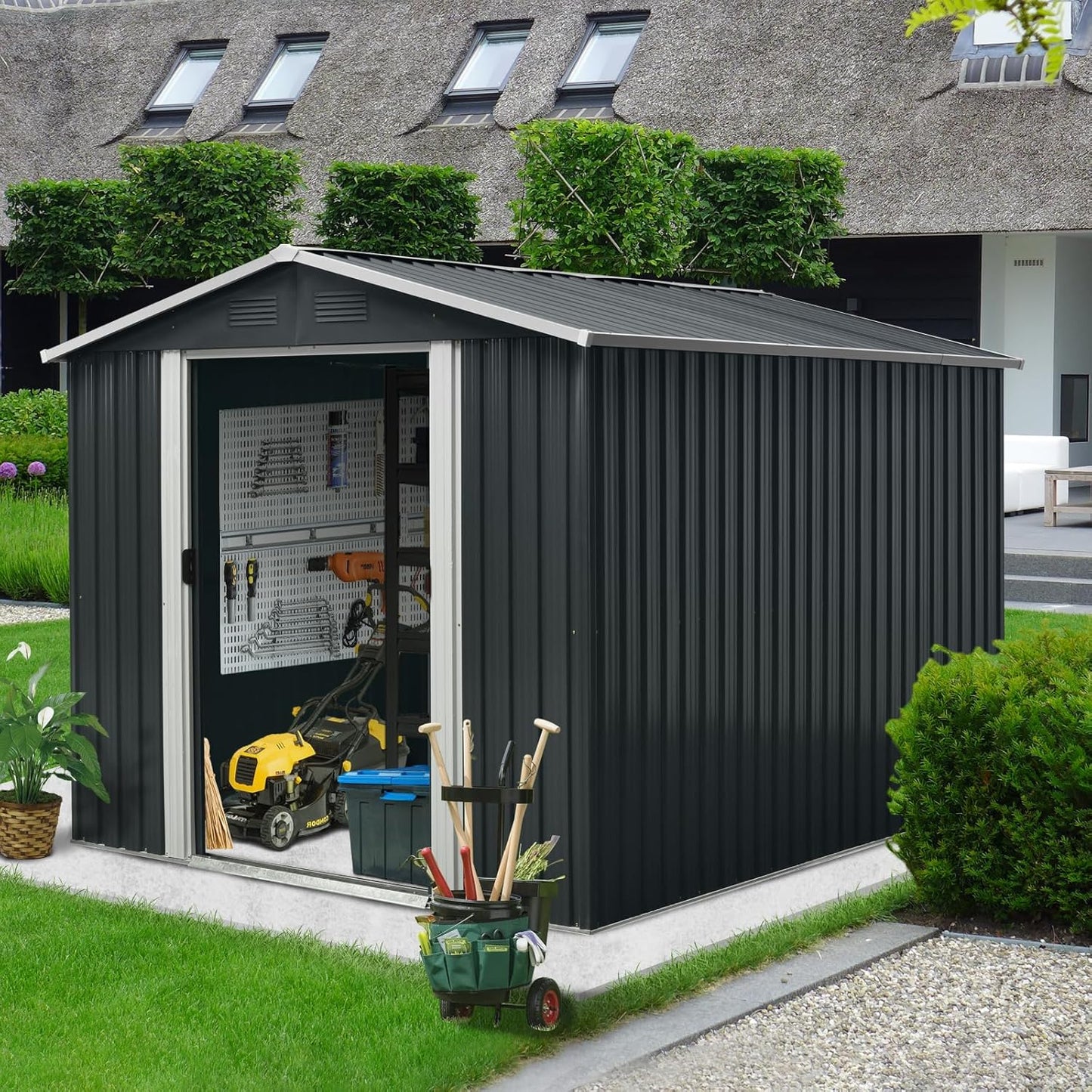 8x10 FT Outdoor Storage Shed, Metal Garden Shed with Frame Floor, Outside Tool Shed with Lockable Sliding Doors, Waterproof Storage Building with Sloped Roof for Backyard, Patio, Lawn, Black