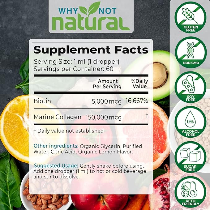 Why Not Natural Liquid Collagen Plus Biotin Drops for Women and Men - Supplement for Hair Growth, Skin, and Nails