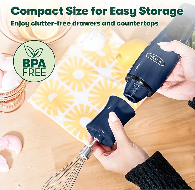 BELLA Immersion Blender, Portable Mixer and Emulsifier with Whisk Attachment, 2 Speed, Electric Handheld Juicer, Shakes, Baby Food and Smoothie Maker, Stainless Steel, BPA Free, 250 Watt, Blue