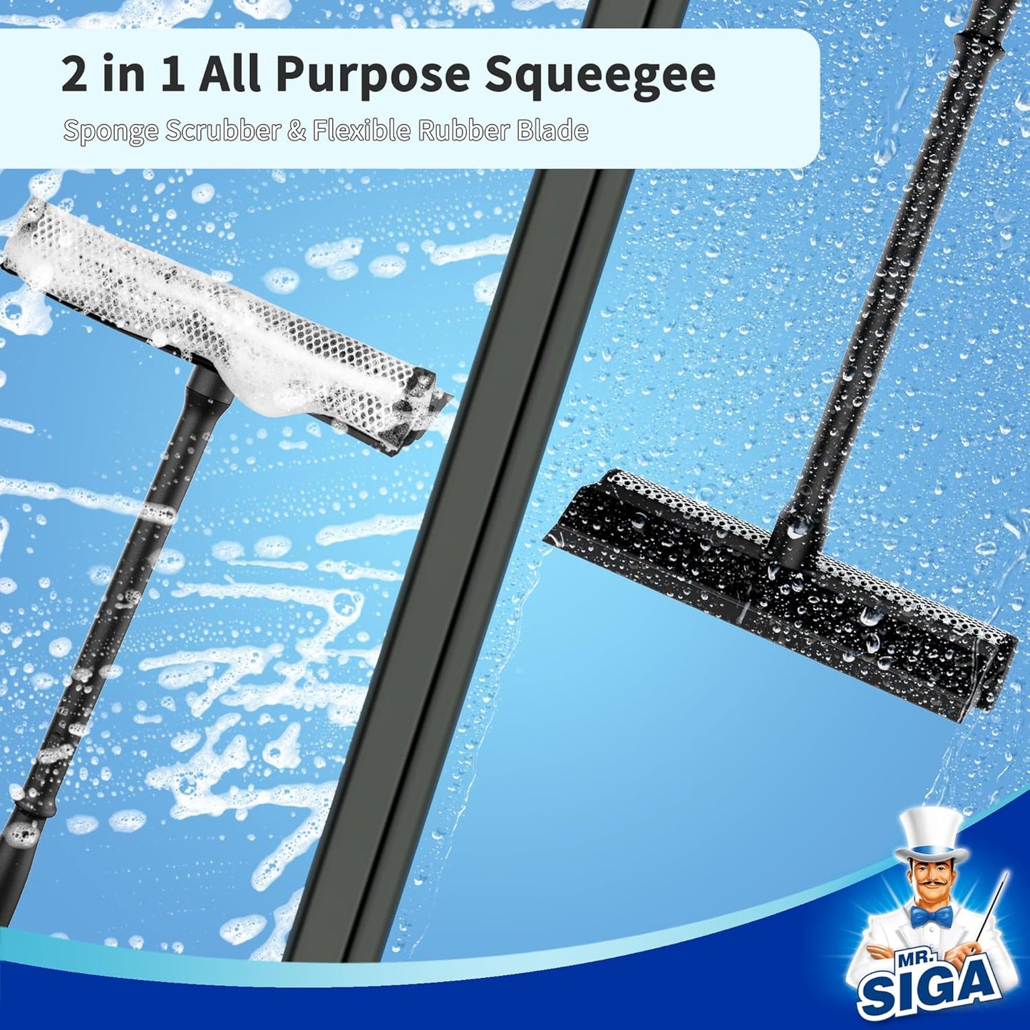 MR.SIGA Professional 2-in-1 Car Window Squeegee and Sponge Scrubber for Cleaning and Washing, Rubber Blade Cleaner With Handle, Black