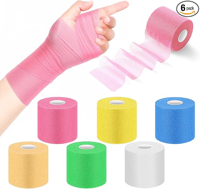 Upgraded Pre Wrap Tape Athletic,6 Rolls Black Prewrap Headbands for Hair Soccer,Foam Underwrap Sports Wrap-Beige,White,Blue,Green,Pink,Yellow,Total 132 Yards