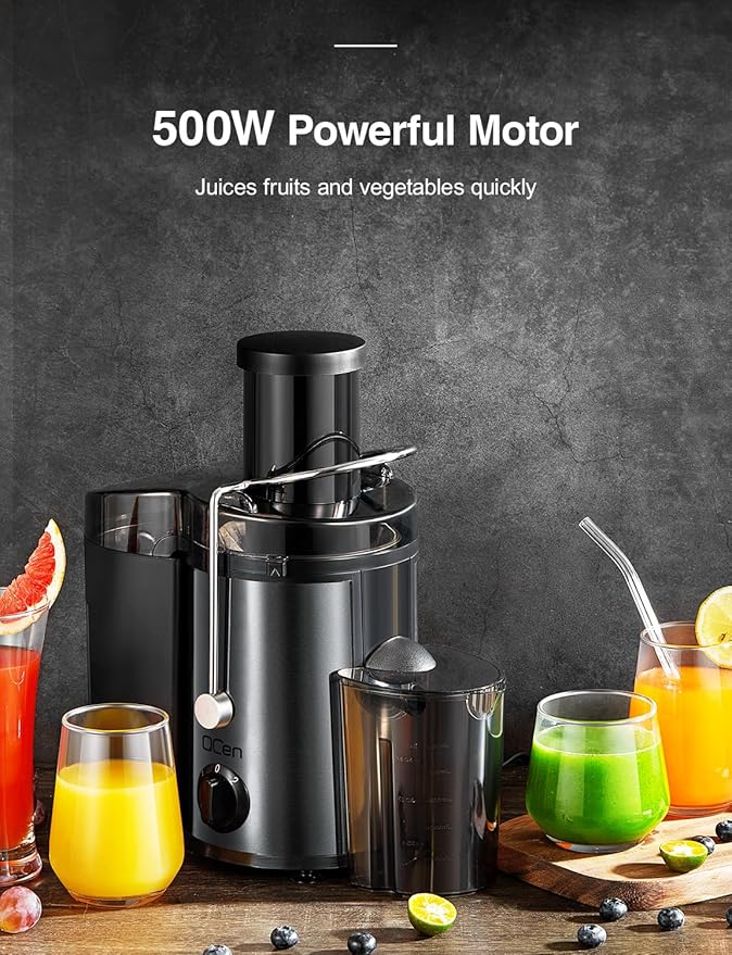 QCen Qcen Juicer Machine, 500W Centrifugal Juicer Extractor with Wide Mouth 3'' Feed Chute for Fruit Vegetable, Easy to Clean, Stainless Steel, BPA-free (Metallic Black)