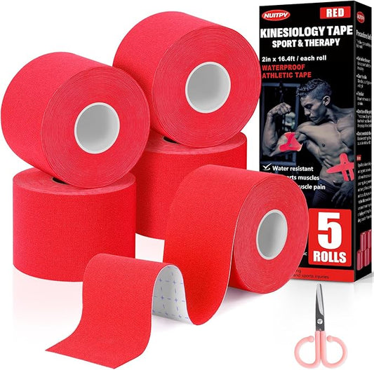 5 Rolls Kinesiology Tape, 2 inch x 16.4 Feet Waterproof Athletic Tape, Uncut Kinetic Tape, Muscle Tape, Sports Tape, Knee Tape for Exercise and Daily Use - Red