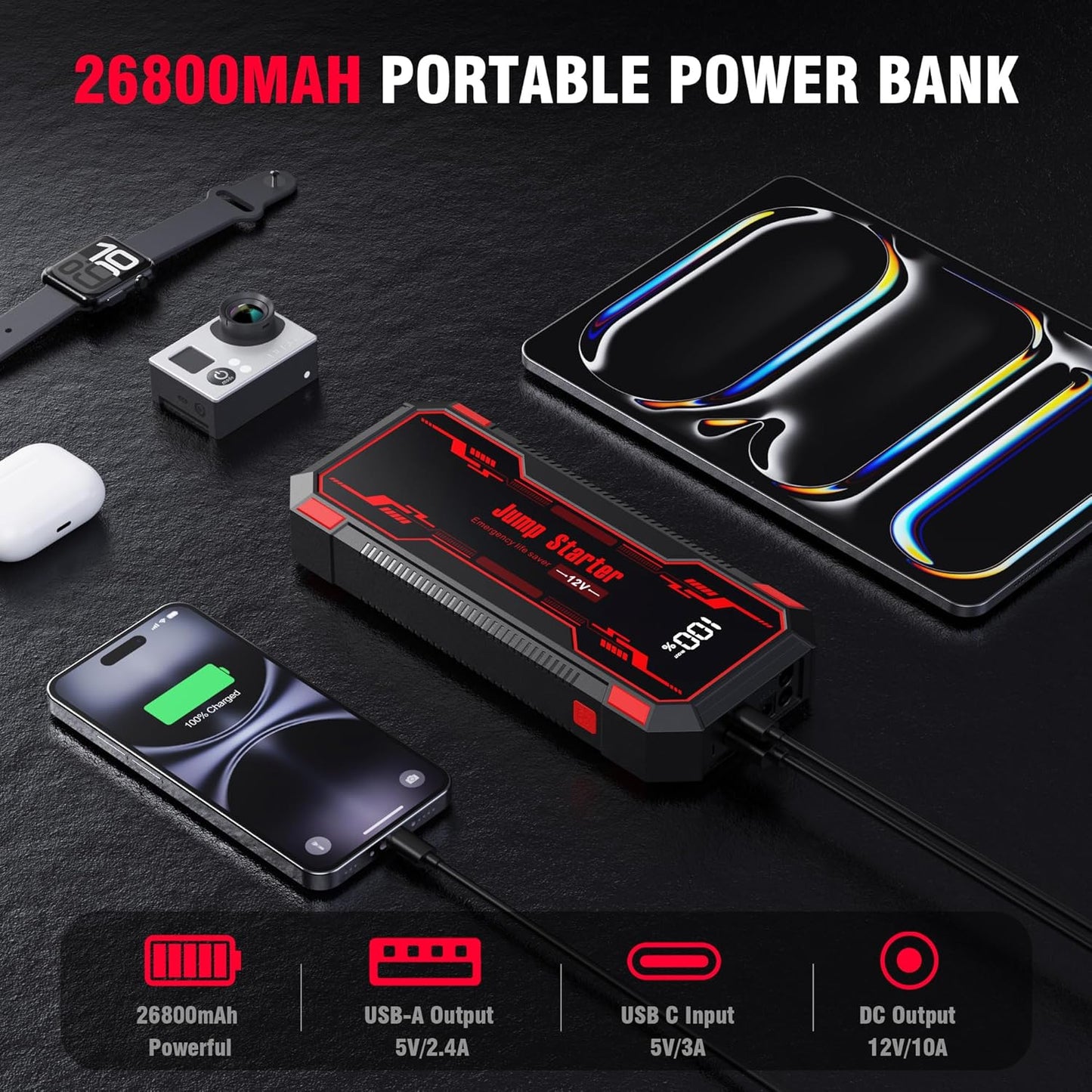 Car Jump Starter 6000A Car Battery Jump Starter Portable,12V Battery Jumper Starter Portable(10.0L Gas/8.0L Diesel),LCD Display Jump Box Jump Starter Battery Pack with Jumper Cables & Flashlight-Red