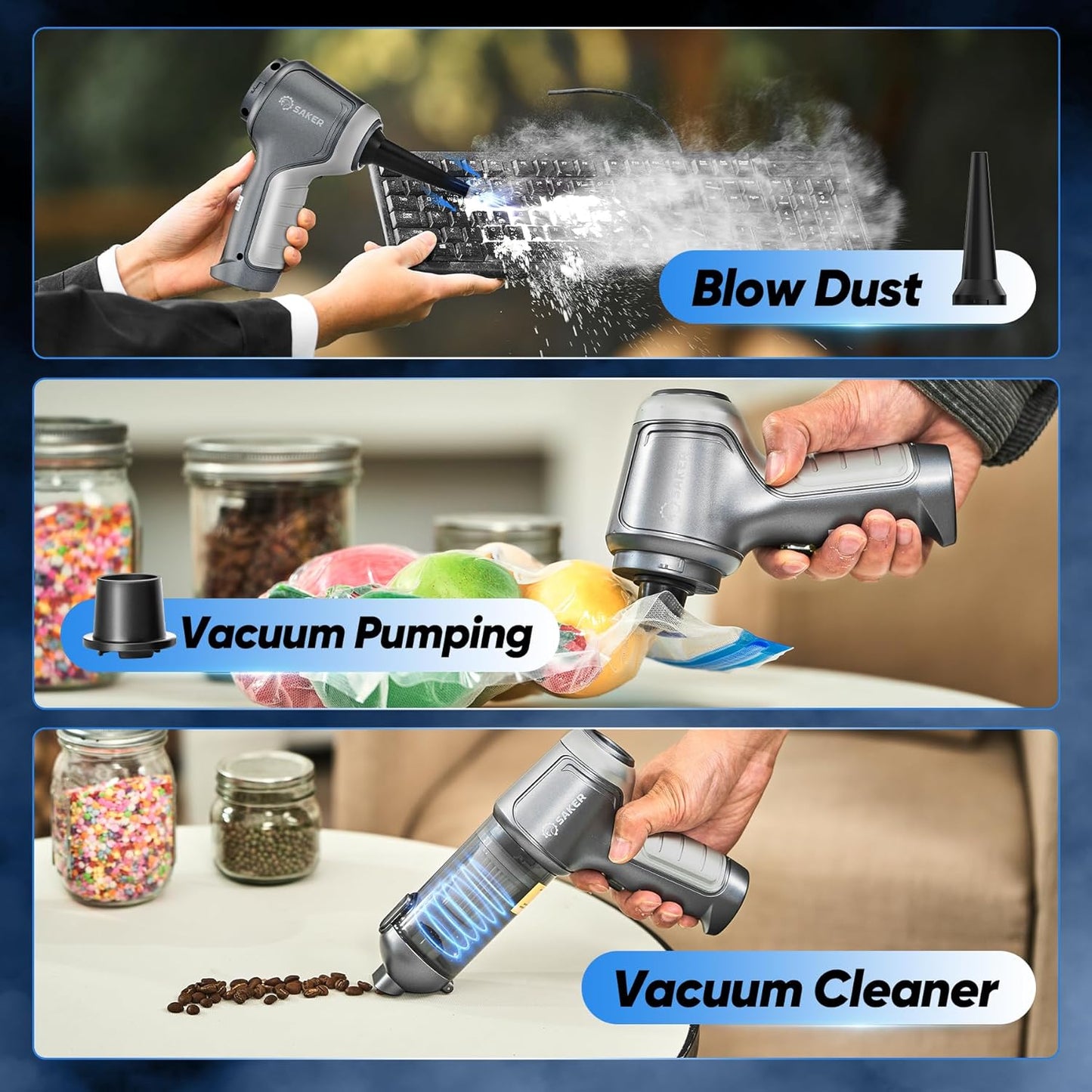 Saker Car Vacuum Cleaner Portable Cordless 14000PA,3 in 1 Handheld Car Vacuum with Brushless Motor One-Click Dust Removal for Cars,Office and Home Cleaning Dark Gray Silver