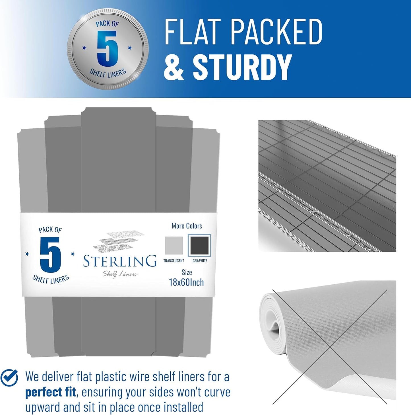 Shelf Liners for Wire Shelf System: Set of 5 in Graphite: 18 x 60 inch: Plastic Wire Shelving Shelf Mats