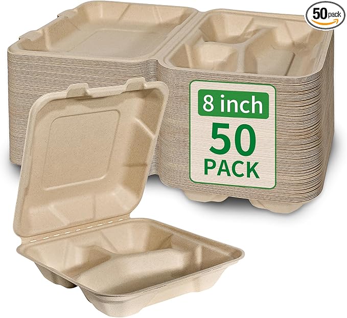 Aricsen Compostable 50 Pack 8x8 Inch 3 Compartment Takeout Lunch Box Containers with Lid, To Go Take Out Clamshell for Food, Disposable Eco-Friendly Biodegradable Bagasse, PFAS-Free, Unbleached Brown
