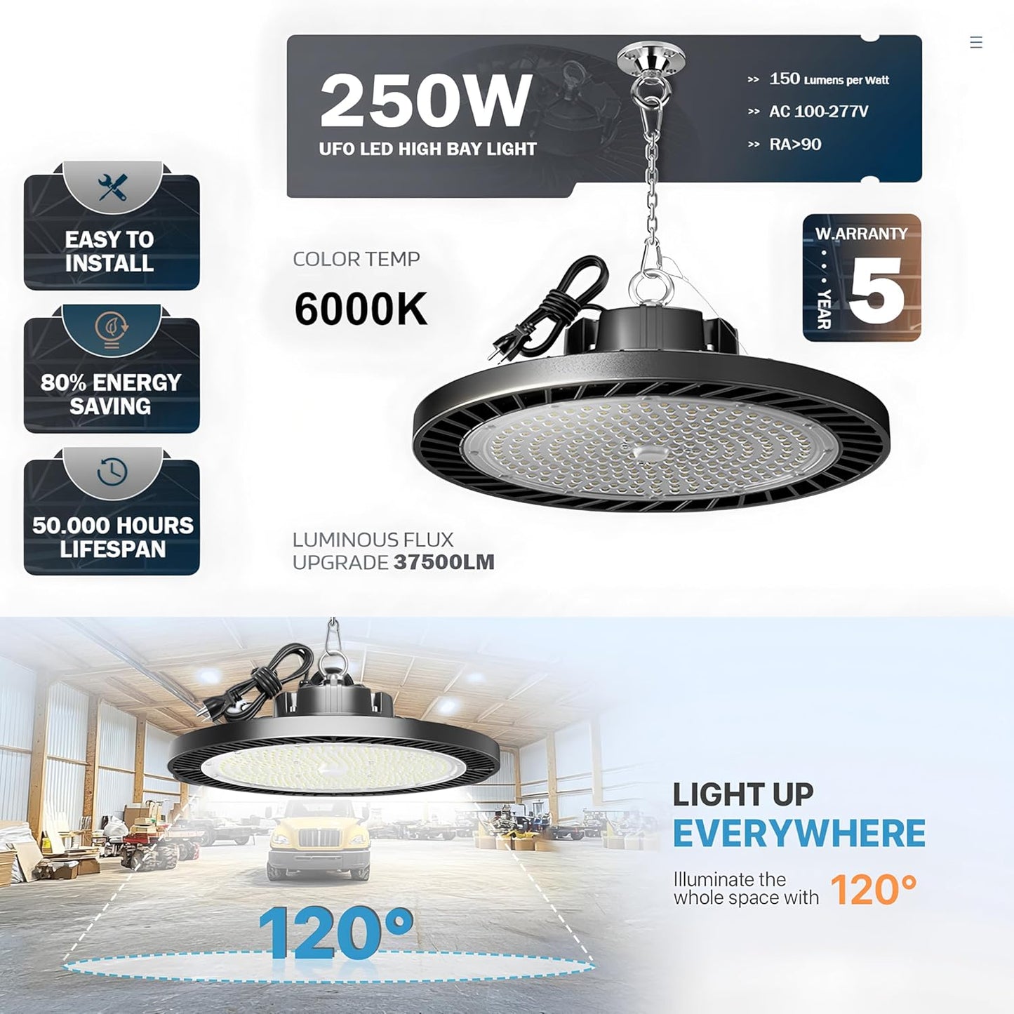 8Pack 250W UFO LED High Bay Light,30000lm 6000K Daylight 2500W Equivalent with US Plug Cable LED Garage Lights Commercial Warehouse Area Light Workshop Garage Factory Lowbay Area Lighting