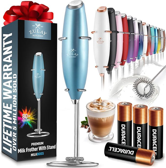 Zulay Powerful Milk Frother (4 Duracell Batteries Included) - Handheld Milk Frother Wand Drink Mixer for Coffee - Powerful Milk Foamer for Cappuccino, Frappe, Matcha & Creamer - Metallic Ice Blue