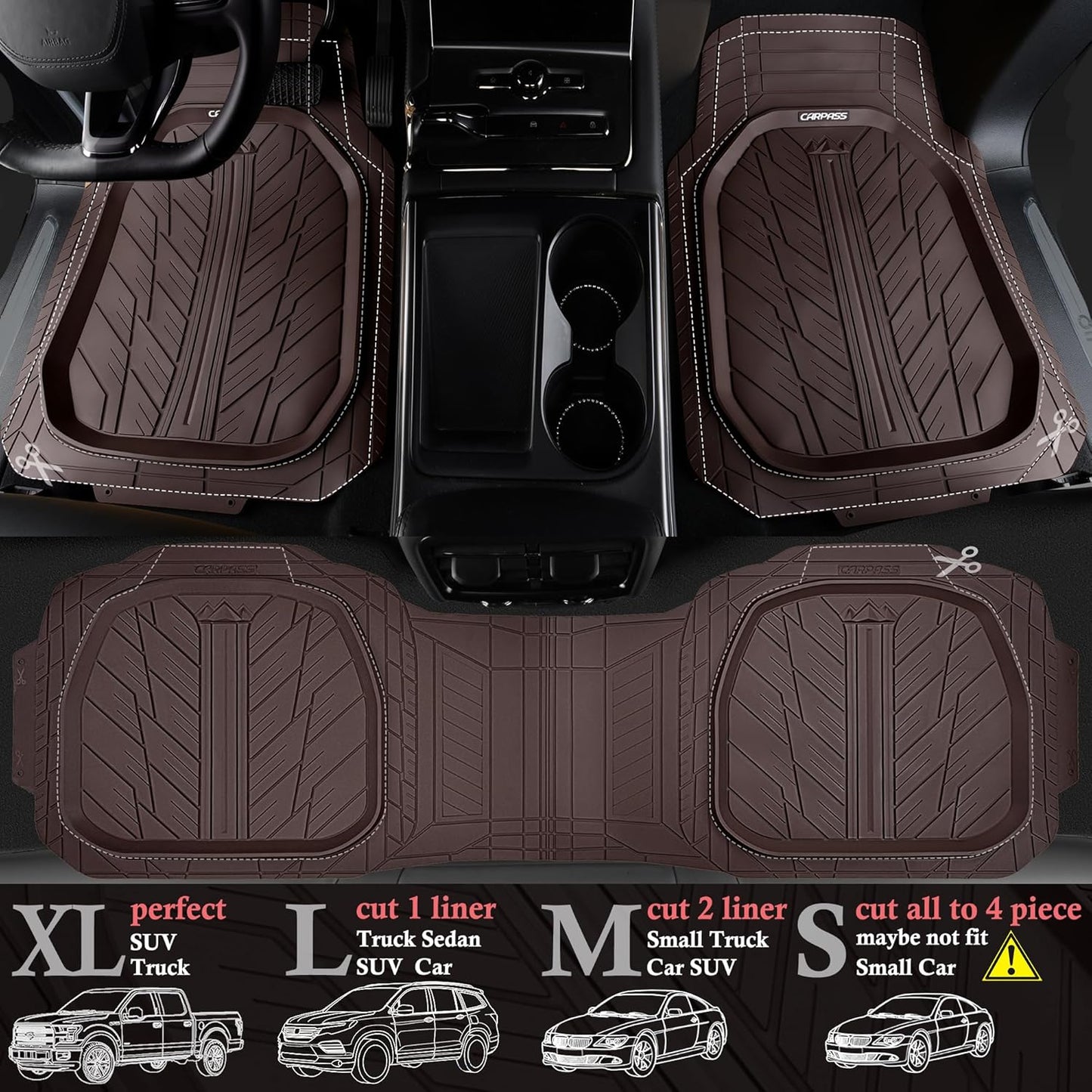 CAR PASS DeepDish Floor Mats for Cars Full Set,Heavy Duty Rubber Car Mats 3-Piece,Universal Waterproof Trim-to Fit Automotive Floor Mats for Truck Van SUV, Durable All-Weather Car Mats(Solid Browm)