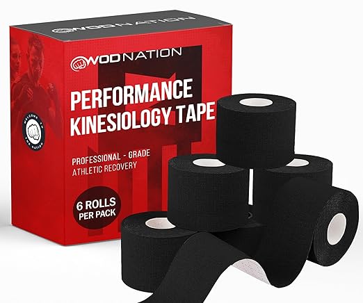 WOD Nation Kinesiology Tape Roll 6-Pack Latex Free, Waterproof Athletic and Sports Tape for Pain Relief - Supports & Stabilizes Knee, Muscles, Joints - 2in x 16.4ft Per Roll, Black