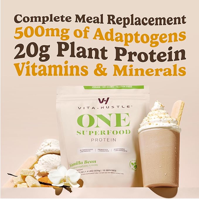 VitaHustle ONE Meal Replacement Shake - Plant Based Protein Powder by Kevin Hart - Vegan, Meal Replacement Powder with Superfoods, Vitamins, Adaptogens & Probiotics -Vanilla Flavor, 15 Servings