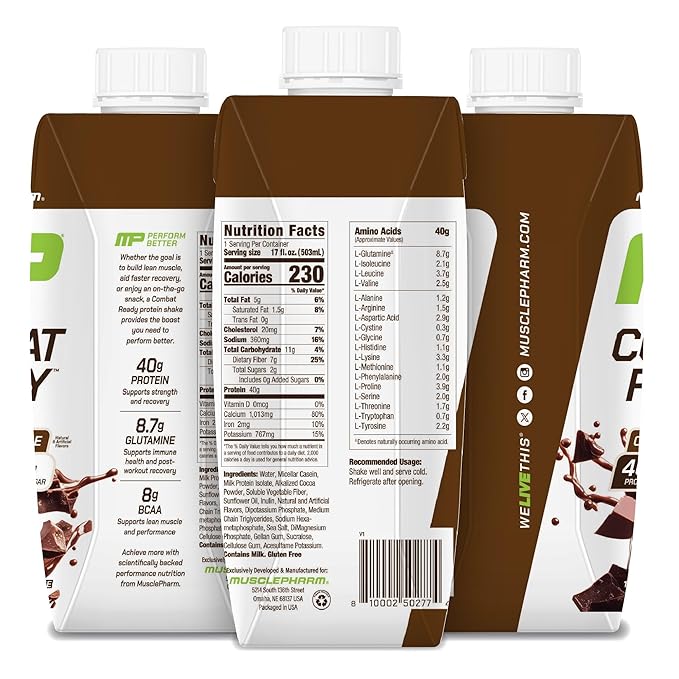 MusclePharm Combat Ready High Protein Shakes Ready to Drink, 40g Protein, 8g BCAAs, 8.7g Glutamine, 5g Fiber, No Added Sugar, Gluten Free, Chocolate Fudge, 17 Fl Oz (Pack of 12)
