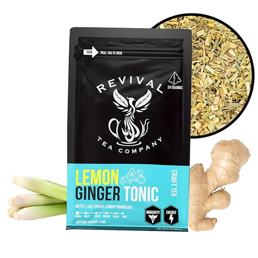 Revival Tea Company Lemon Ginger Tonic - Caffeine Free Herbal Tea Blend with Lemongrass and Ginger - 24 Tea Bags