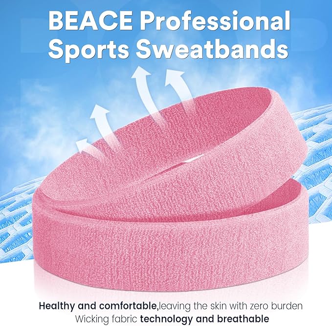 BEACE Sweatbands Sports Headband for Men & Women - Moisture Wicking Athletic Cotton Terry Cloth Sweatband for Tennis, Basketball, Running, Gym, Working Out