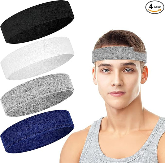 4 Pack Headbands for Men, Sweat Bands Headbands Men & Women, Cotton Terry Sweat Bands for Tennis, Basketball, Running, Gym, Working Out
