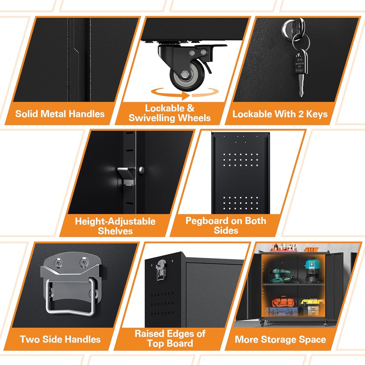 34" Metal Garage Storage Cabinet with Wheels, Adjustable Rolling Tool Storage Cabinet with Lock, Steel Locking Tool Cabinet with Doors and Shelves for Garage, Warehouse（Black）