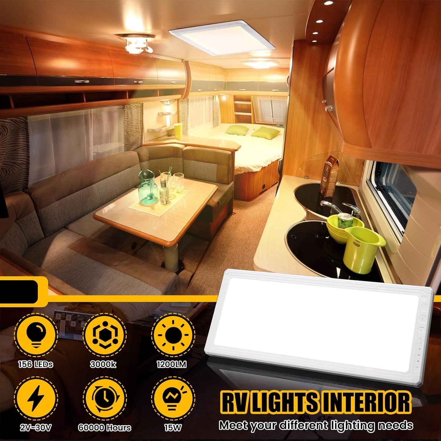 4 Pack RV Ceiling Lights Interior 16.7"x 6.6" 156 LEDs 1200 Lm RV LED Lights Interior 12v with 5 Levels of Dimming and 3 Color Temperature for Trailer Boat Car Camper