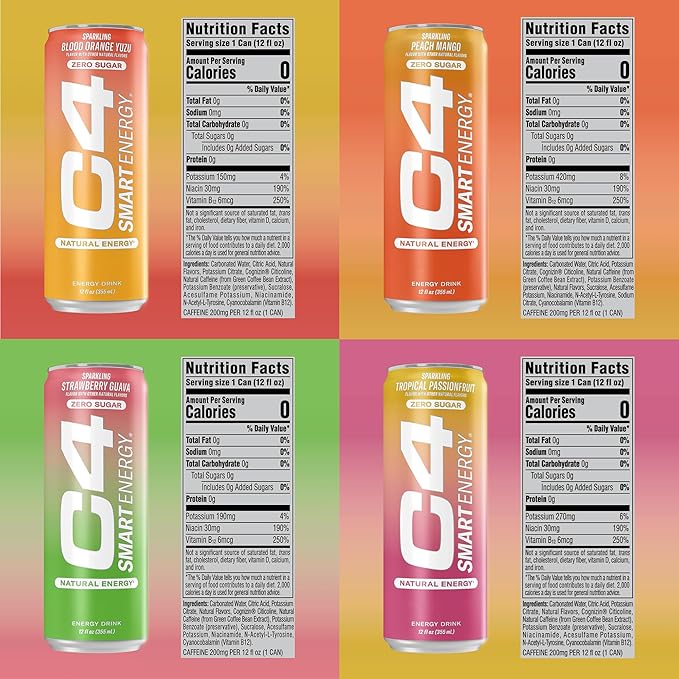 C4 Smart Energy Drinks Variety Pack Bundle (24 Pack) | 4 Flavor Tropical Oasis Variety 12 Pack + 4 Flavor Berry Breeze Variety 12 Pack