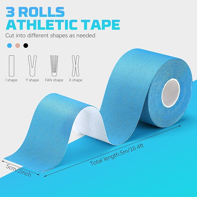 3 Rolls Kinesiology Tape, 3 Color 2 Inch x 16.4 Feet Uncut Sports Tape with Scissors, Elastic Athletic Tape Waterproof Knees Tape for Ankle Wrists Shoulders Muscle Exercise and Daily Use