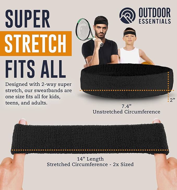 OutdoorEssentials Sweatbands & Wristbands - Wrist Sweat Bands Headbands for Men & Women - Multipack Terry Cloth Headbands or Wrist Bands for Working Out, Tennis, Basketball, Football, Gymnastics