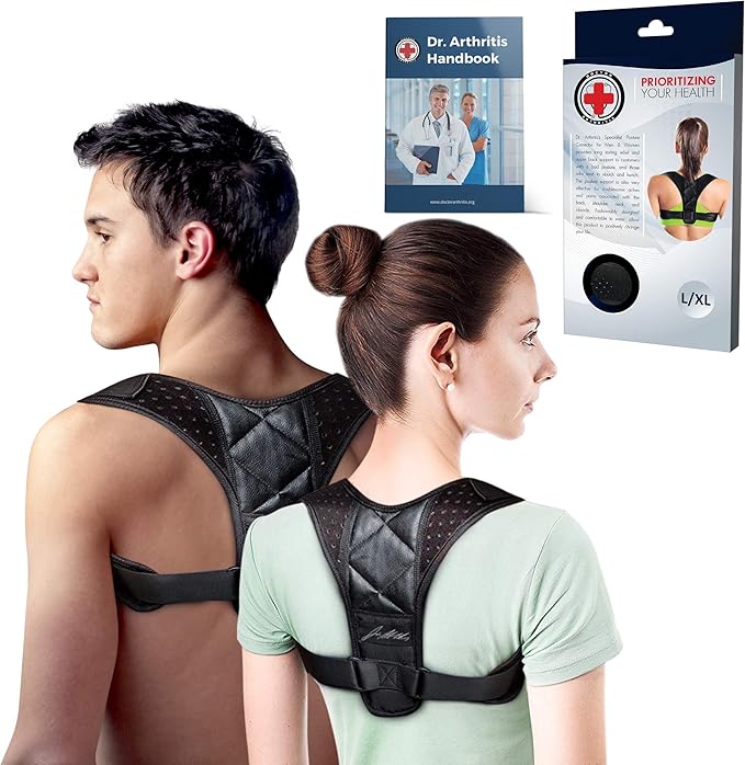 Dr. Arthritis Doctor Developed Posture Support/Posture Correct/Stabilizer/Back Brace & Handbook - Fully Adjustable for Upper & Lower Back Pain. Suitable for Men & Women (Black, L)