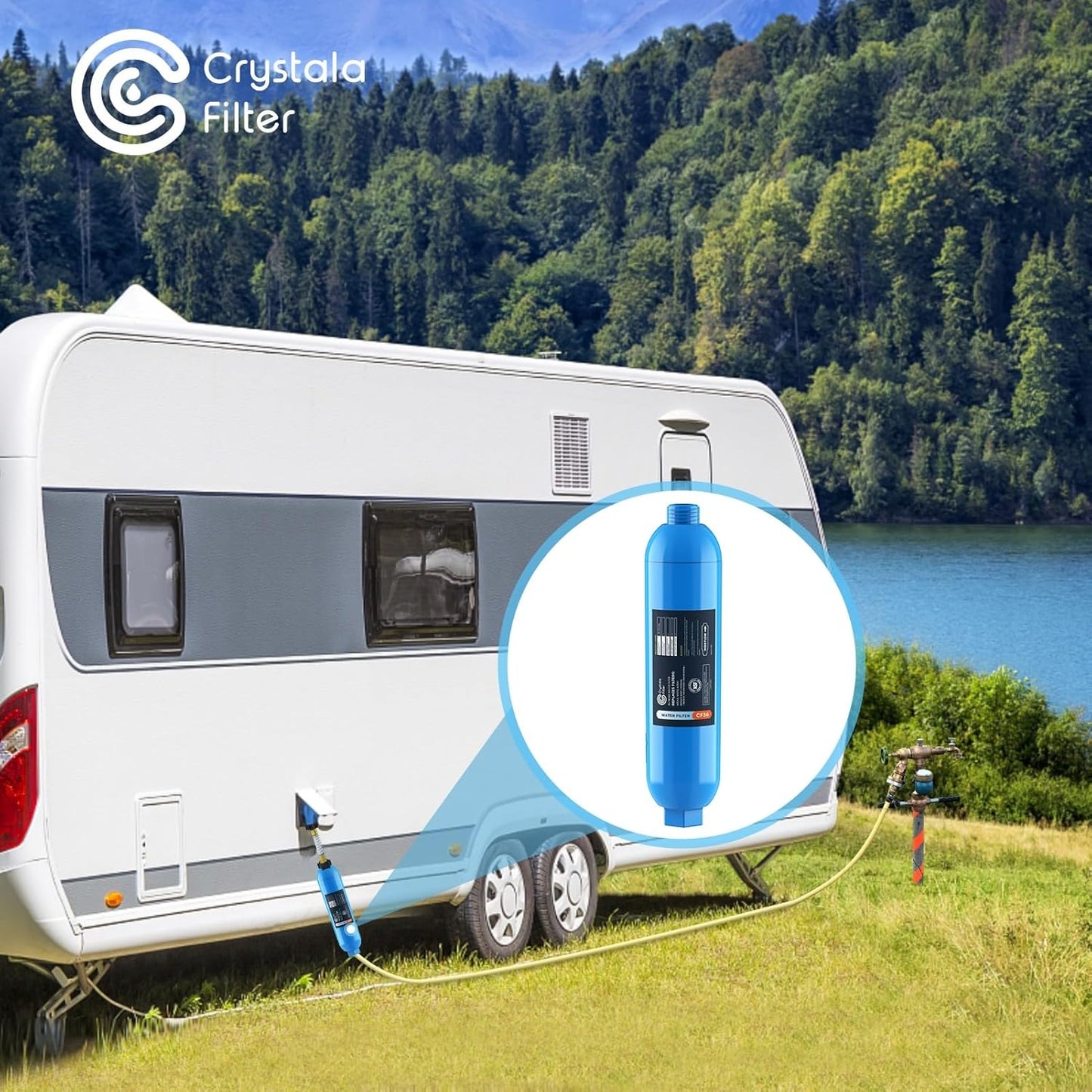CRYSTALA RV/Camper Water Filter, Inline Water Filter Effectively Reduces Bad Taste, Odors, Chlorine and Sediment for RVs and Marines, 1 Pack Filter with 1 Flexible Hose Protector