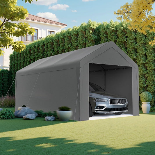 Carport 10x20 Heavy Duty Portable Garage w/Removable Sidewalls & Roll-Up Door Car Canopy Party Tents Waterproof UV Resistant All Weather Car Port for Trucks,Boats(Grey)