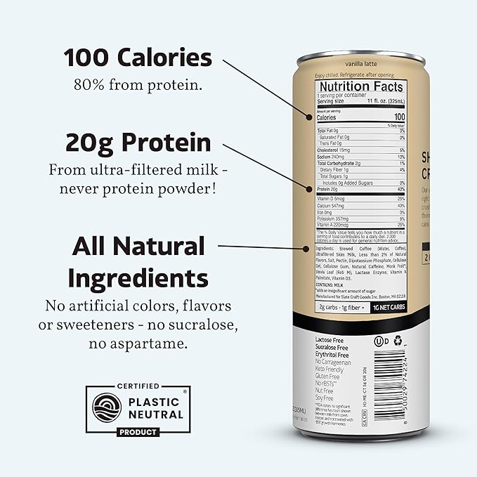 Slate Milk - High Protein Iced Coffee - Vanilla Latte - 175mg Caffeine, Lactose Free Energy - 20g Protein, 1g Sugar, 100 Calories, 1g Net Carbs, No Sugar Added - Protein Coffee - 11 fl oz, 48 Cans