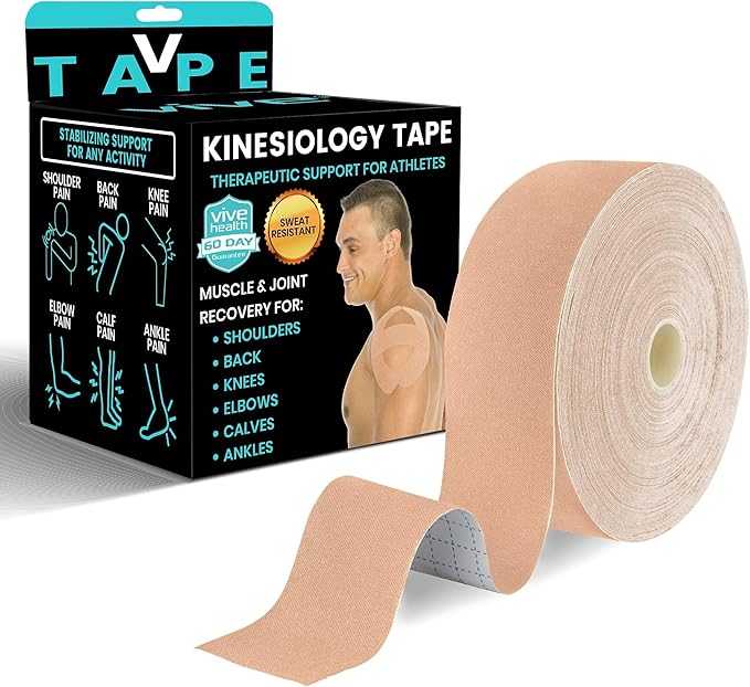 Vive Kinesiology Tape (105 Feet) - Therapeutic Athletic Support Tape - Uncut Kensio Roll - Muscle and Joint Recovery for Shoulder, Back, Knee, Elbow and Ankle Pain Relief - Waterproof for Sports
