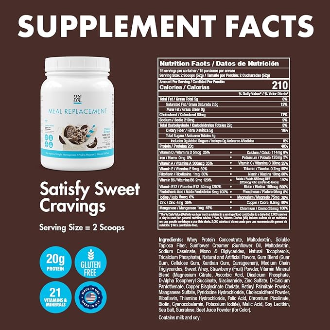 Yes You Can! Complete Meal Replacement - 15 Servings, 20g of Protein, 0g Added Sugars, 21 Vitamins and Minerals - All-in-One Nutritious Meal Replacement Shake (Cookies & Cream)