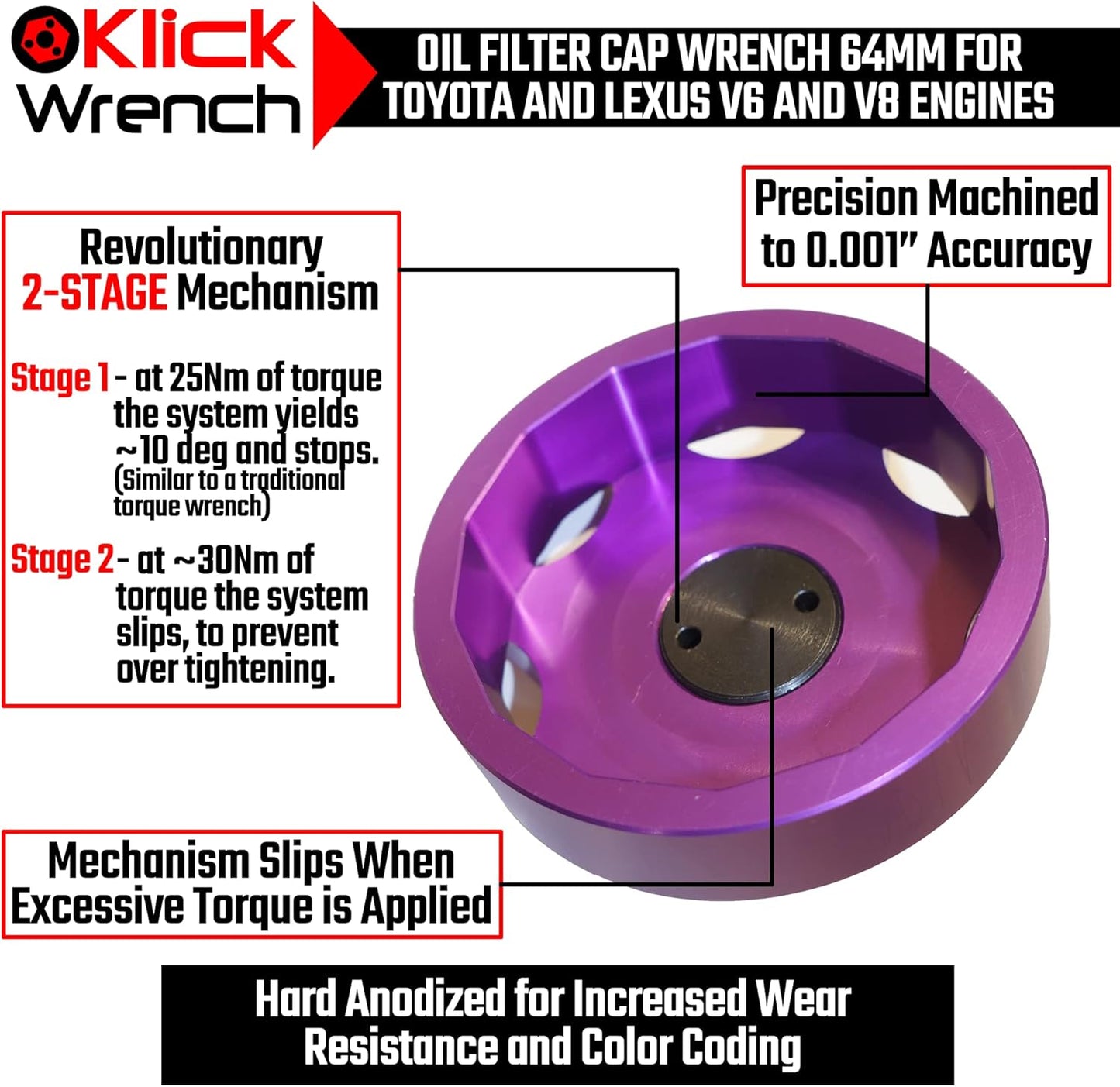 64mm 2 Stage Heavy Duty Torque Limiting Oil Filter Wrench Purple 6061-T6 Billet Aluminum