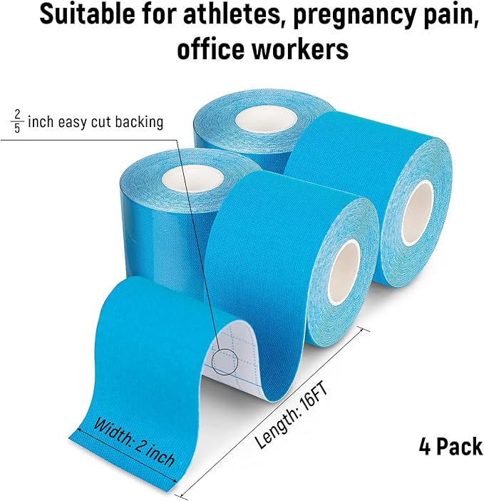 4 Pack Kinesiology Tape for Sports Athletes - 16 FT Waterproof Athletic Tape for The Knee, Elbow and Shoulder Muscles, etc. (Light Blue)