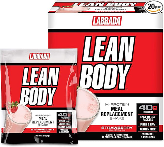 Labrada Lean Body MRP All-In-One Strawberry Meal Replacement Shake, 40g Protein, Whey Blend, 8g Healthy Fats EFA's & Fiber, 22 Vitamins and Minerals , No artificial color, Gluten Free, (20 Packets)