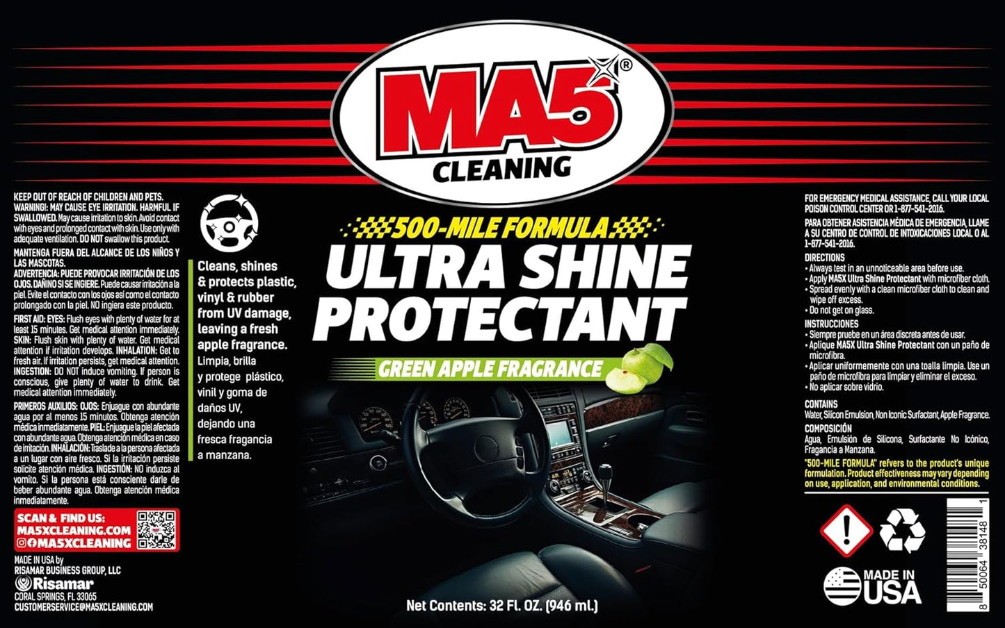 MA5X Ultra Shine Protectant | Car Interior Cleaner | Multi-Surface Car Interior Protectant with Green Apple Scent | UV Resistant | 32oz Spray Bottle | Pack of 1