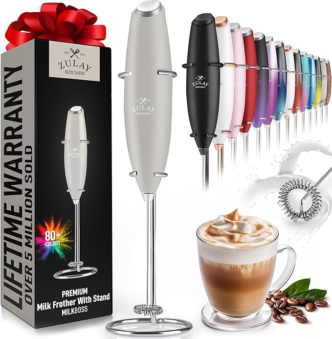 Zulay Kitchen Powerful Milk Frother Wand - Ultra Fast Handheld Drink Mixer - Electric Whisk Foam Maker for Coffee, Lattes, Cappuccino, Frappe, Matcha & Coffee Creamer - Milk Boss Gray