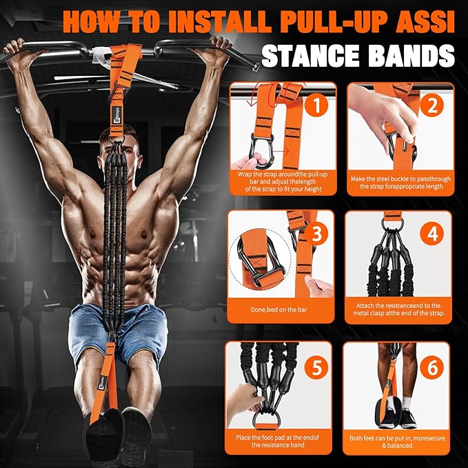 Pull Up Assistance Bands,Up to 300 lbs Assistance,Adjustable Heavy Duty 4 Resistance Bands for Pull up, with Feet/Knee Rest, Handle and Door Anchor for Home Gym Fitness Exercise Strength Training