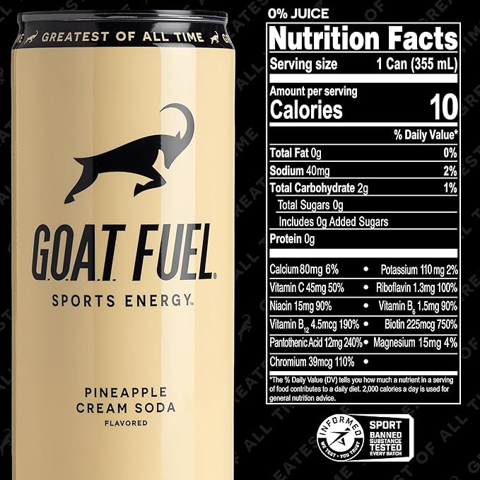G.O.A.T. Fuel Energy Drink, Co-Founded by Jerry Rice, Natural Caffeine, Electrolytes, BCAAs, Cordyceps Mushrooms & Antioxidants, Light Carbonation Pre Workout, 12 Pack, 12 FL Oz, Pineapple Cream Soda