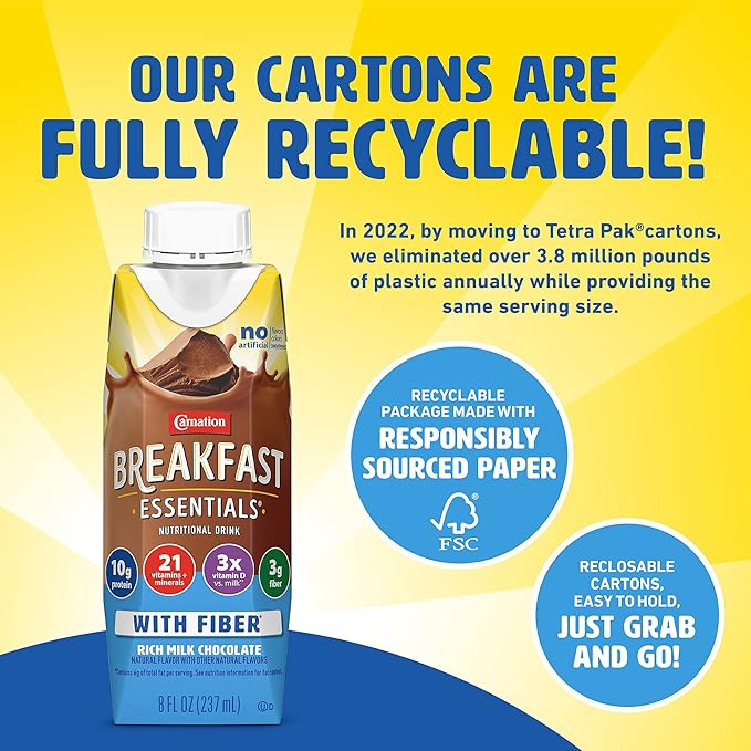 Carnation Breakfast Essentials Ready to Drink with Fiber, Rich Milk Chocolate, 8 FL OZ Carton (Pack of 24)