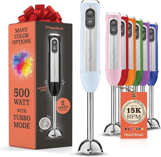 Powerful Immersion Blender, Electric Hand Blender 500 Watt with Turbo Mode, Detachable Base. Handheld Kitchen Blender Stick for Soup, Smoothie, Puree, Baby Food, 304 Stainless Steel Blades (White)