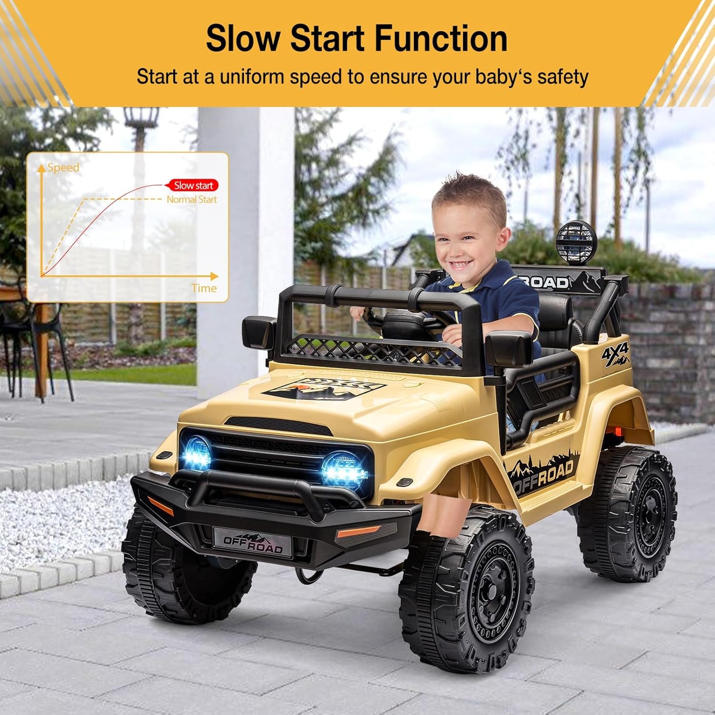 Garvee 12V Kids Ride On Truck Car with Remote Control - Electric Ride On Toys for Toddlers, Spring Suspension, 3 Speeds, LED Lights, Bluetooth Music & Parent Safety Brake