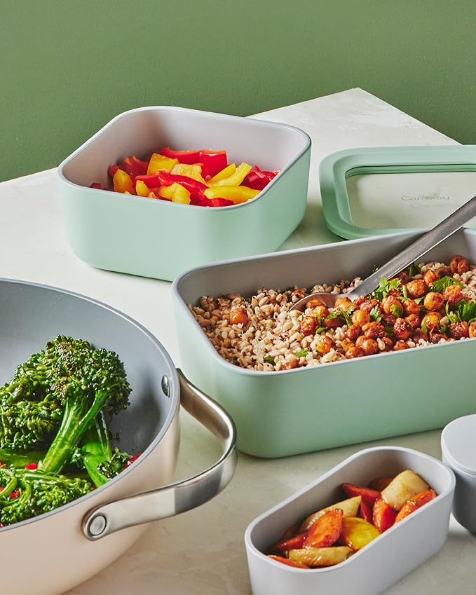 Caraway 2pc Glass Food Storage Set - 4.4 Cup Food Containers (2) - Ceramic Coated - Non Toxic, Non Stick Lunch with Lids - Dishwasher, Oven, & Microwave Safe - Navy