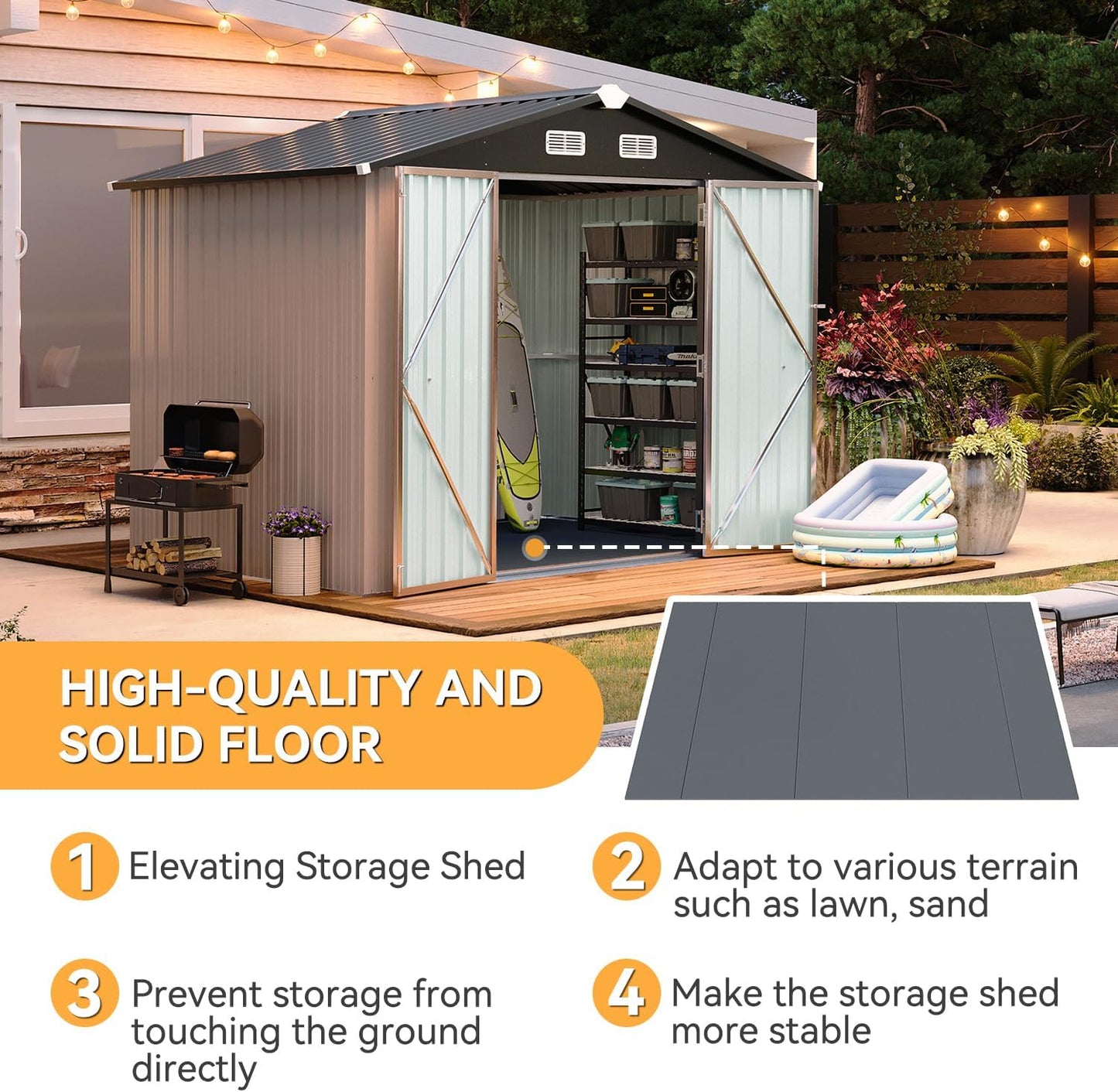 Aoxun 7.4x5.3FT Shed with Floor Galvanized Steel Outdoor Storage Shed Metal Garden Shed with Double Doors, 15mm Moisture-Proof Floor & Ventilation, Sloped Roof for Bike/Generator/Tool Storage (Brown)