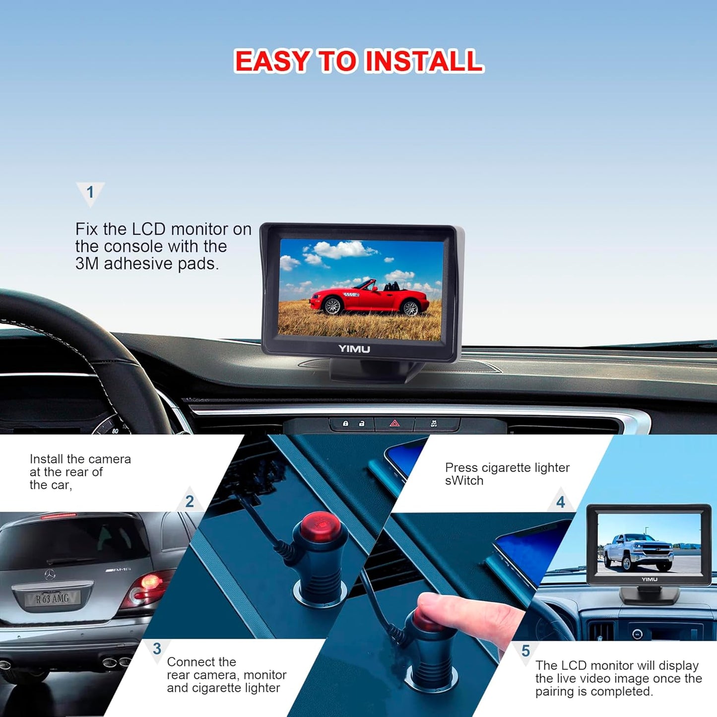YIMU Backup Camera System with License Plate Backup Reverse Camera, Easy Installation, Plug & Play, DIY Guide Lines, 150° Wide Angle, Night Vision, IP69K Waterproof, Optional Dual Bracket K4302